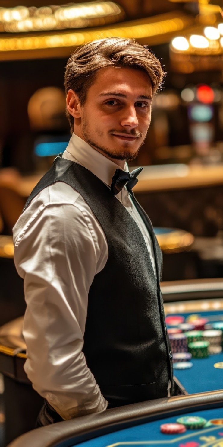 Dealer Live Blackjack di studio puso toto membagikan kartu